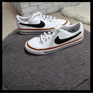 Nike brand new White Sneakers with Black Swoosh and Brown Accent